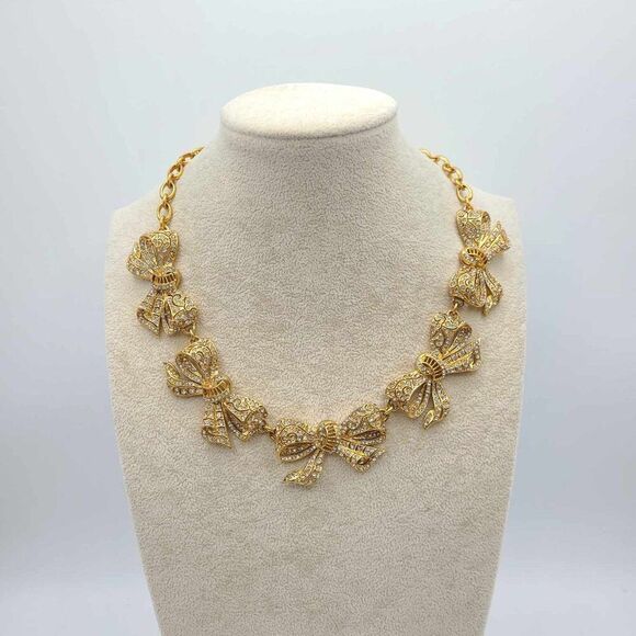 J Crew Clear Crystal Gold Tone Bow Necklace NWOT! - Picture 9 of 9